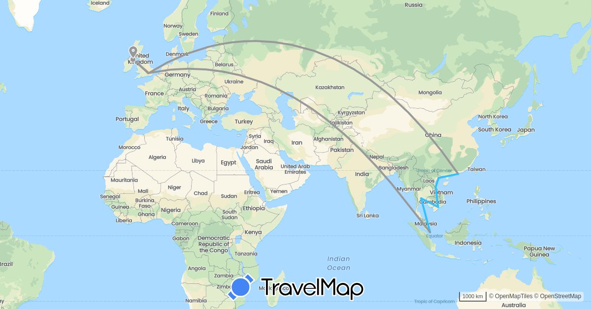 TravelMap itinerary: driving, plane, boat in China, United Kingdom, Singapore, Thailand, Vietnam (Asia, Europe)